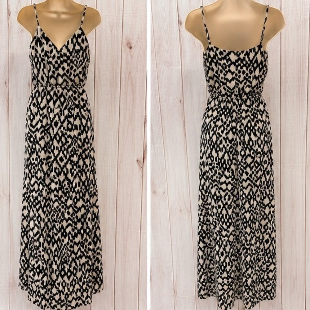 Under Skies Black Cream Ikat Leopard Print V-Neck Maxi Dress Small - Picture 2 of 6